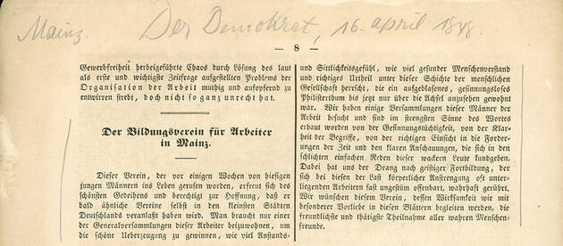 Abb. 5: Zeitungsartikel über den Bildungsverein für Arbeiter in Mainz ( »Der Demokrat«, 16. 04. 1848)